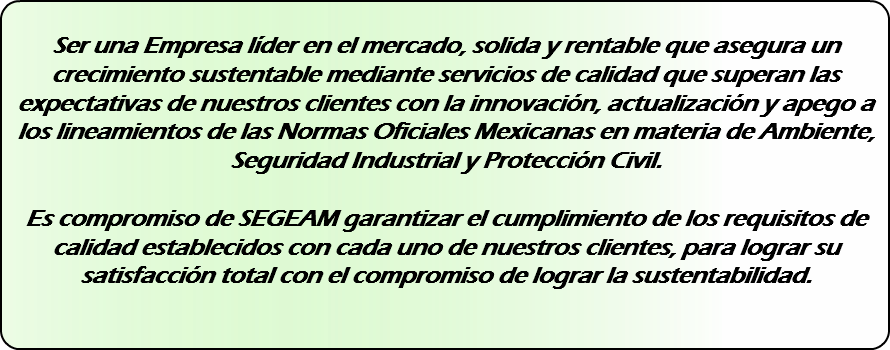 &nbsp;Ser una Empresa líder en el mercado, solida y rentable que asegura un crecimiento sustentable mediante servicios de calidad que superan las expectativas de nuestros clientes con la innovación, actualización y apego a los lineamientos de las Normas Oficiales Mexicanas en materia de Ambiente, Seguridad Industrial y Protección Civil. Es compromiso de SEGEAM garantizar el cumplimiento de los requisitos de calidad establecidos con cada uno de nuestros clientes, para lograr su satisfacción total con el compromiso de lograr la sustentabilidad. 